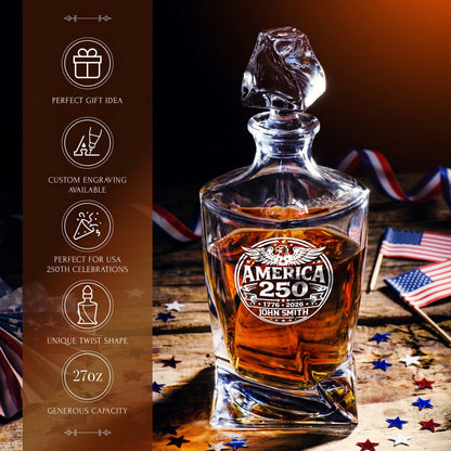 Personalized USA 250th Anniversary Twisted Frolk Whiskey Gift Set — Decanter, 2 Glasses, Premium Wooden Box