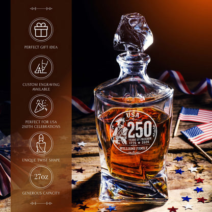 Personalized USA 250th Anniversary Twisted Frolk Whiskey Gift Set — Decanter, 2 Glasses, Premium Wooden Box
