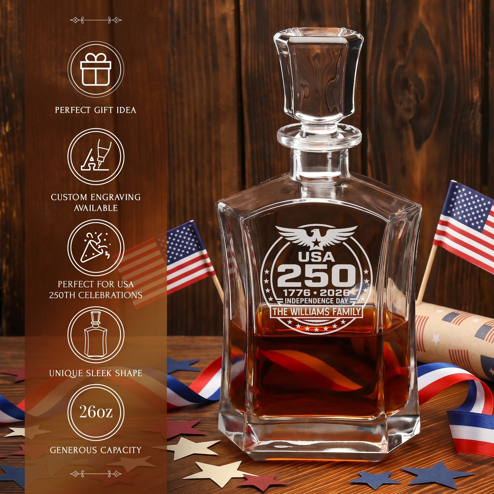 Personalized USA 250th Anniversary Old Fashioned Frolk Whiskey Gift Set — Decanter, 2 Glasses, Premium Wooden Box