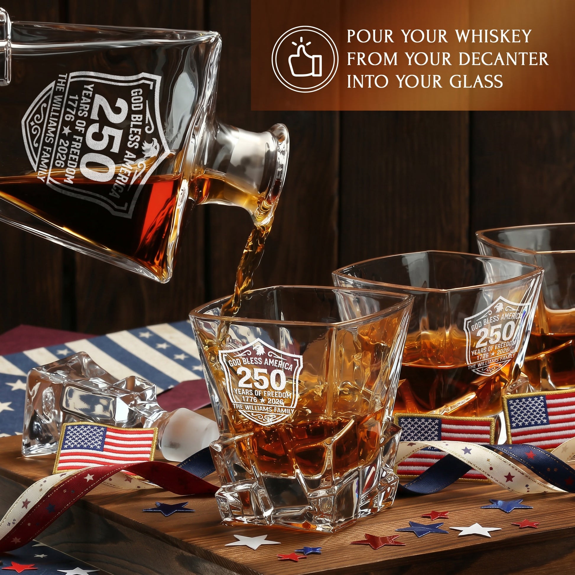 Personalized USA 250th Anniversary Stone Cut Whiskey Glasses — Set of 1, 2, 4 or 6