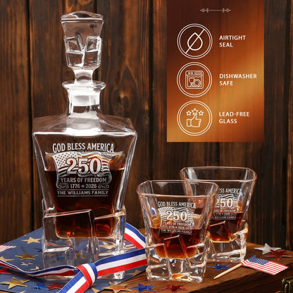 Personalized USA 250th Anniversary Stone Cut Whiskey Decanter with Optional Matching Glasses