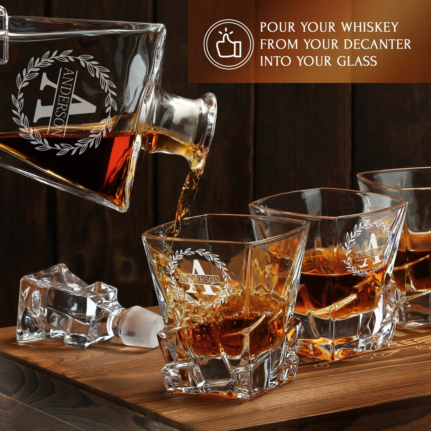 Stone Cut Frolk Whiskey Gift Set — Decanter, 4 Glasses, Premium Wooden Box product image