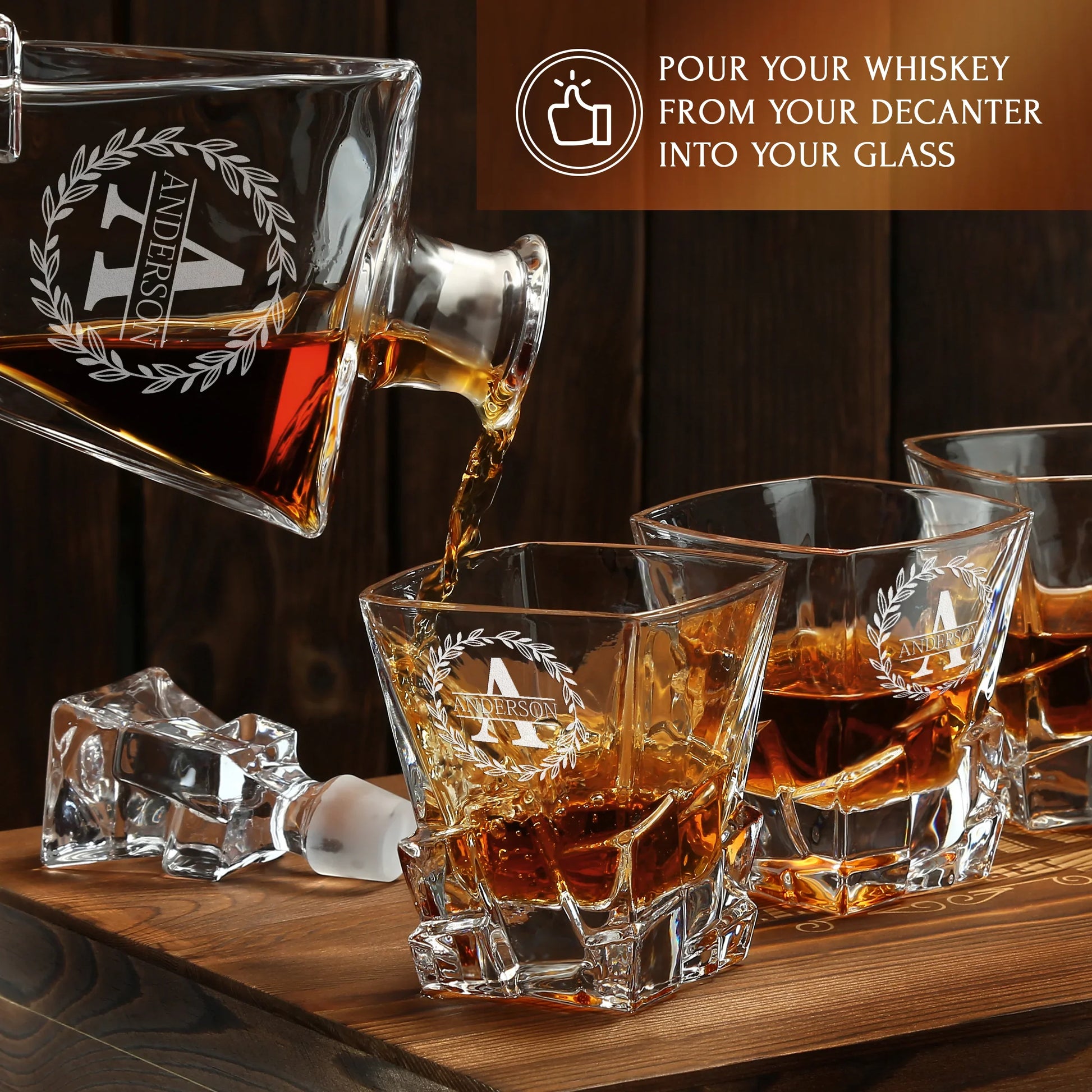 Stone Cut Frolk Whiskey Gift Set — Decanter, 4 Glasses, Premium Wooden Box