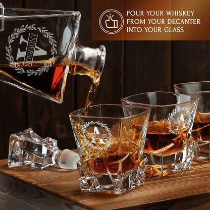 Stone Cut Frolk Whiskey Gift Set — Decanter, 4 Glasses, Premium Wooden Box
