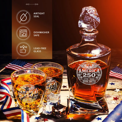 Personalized USA 250th Anniversary Twisted Whiskey Decanter with Optional Matching Glasses