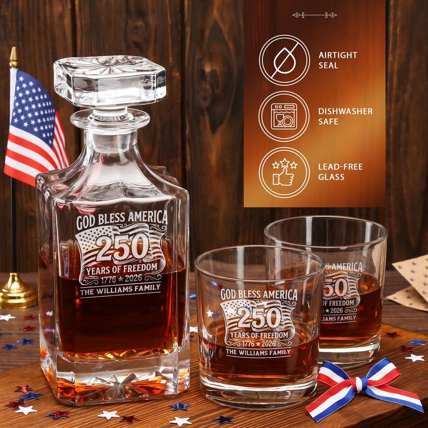 Personalized USA 250th Anniversary Classic Whiskey Decanter with Optional Matching Glasses product image