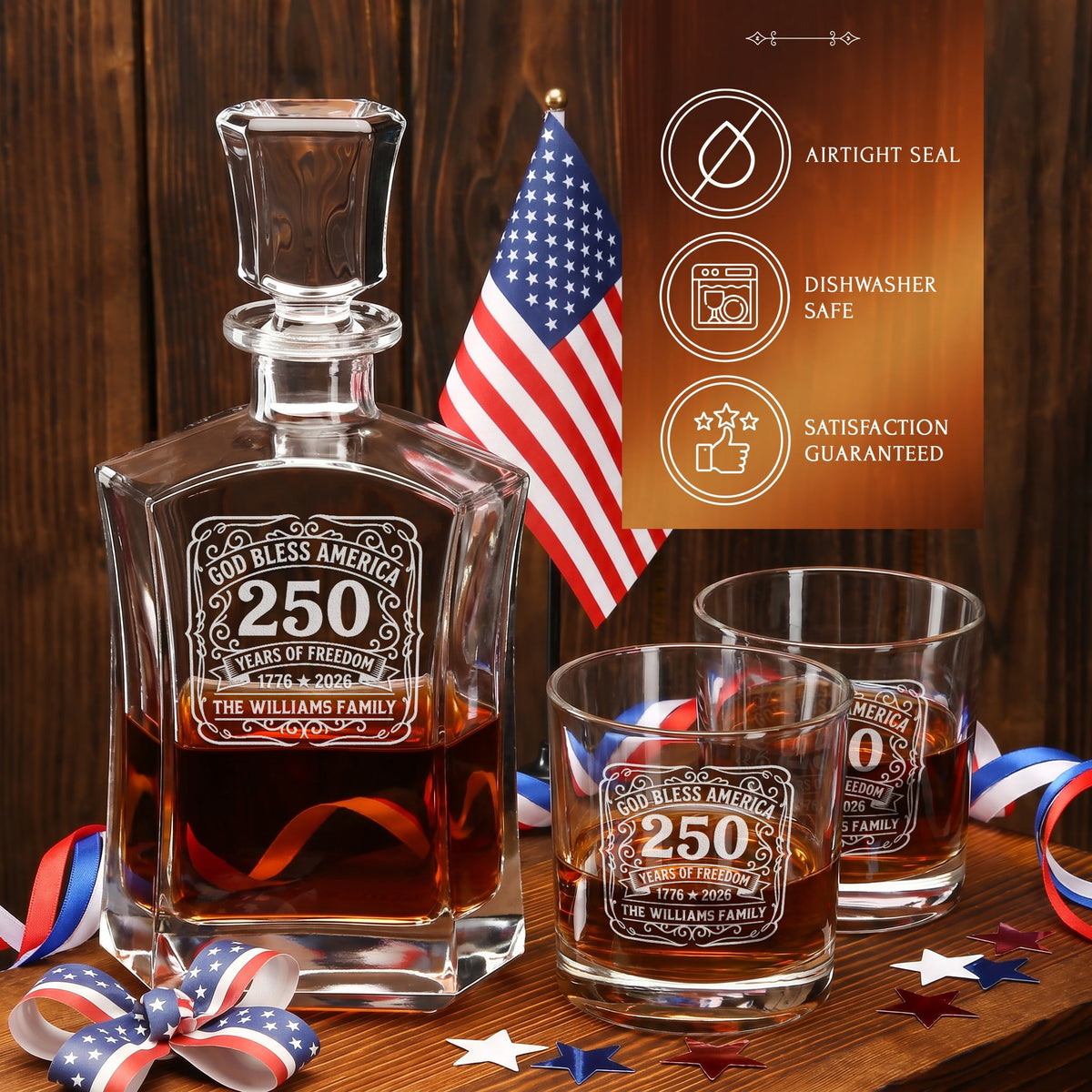 Personalized USA 250th Anniversary Old Fashioned Whiskey Decanter with Optional Matching Glasses product image