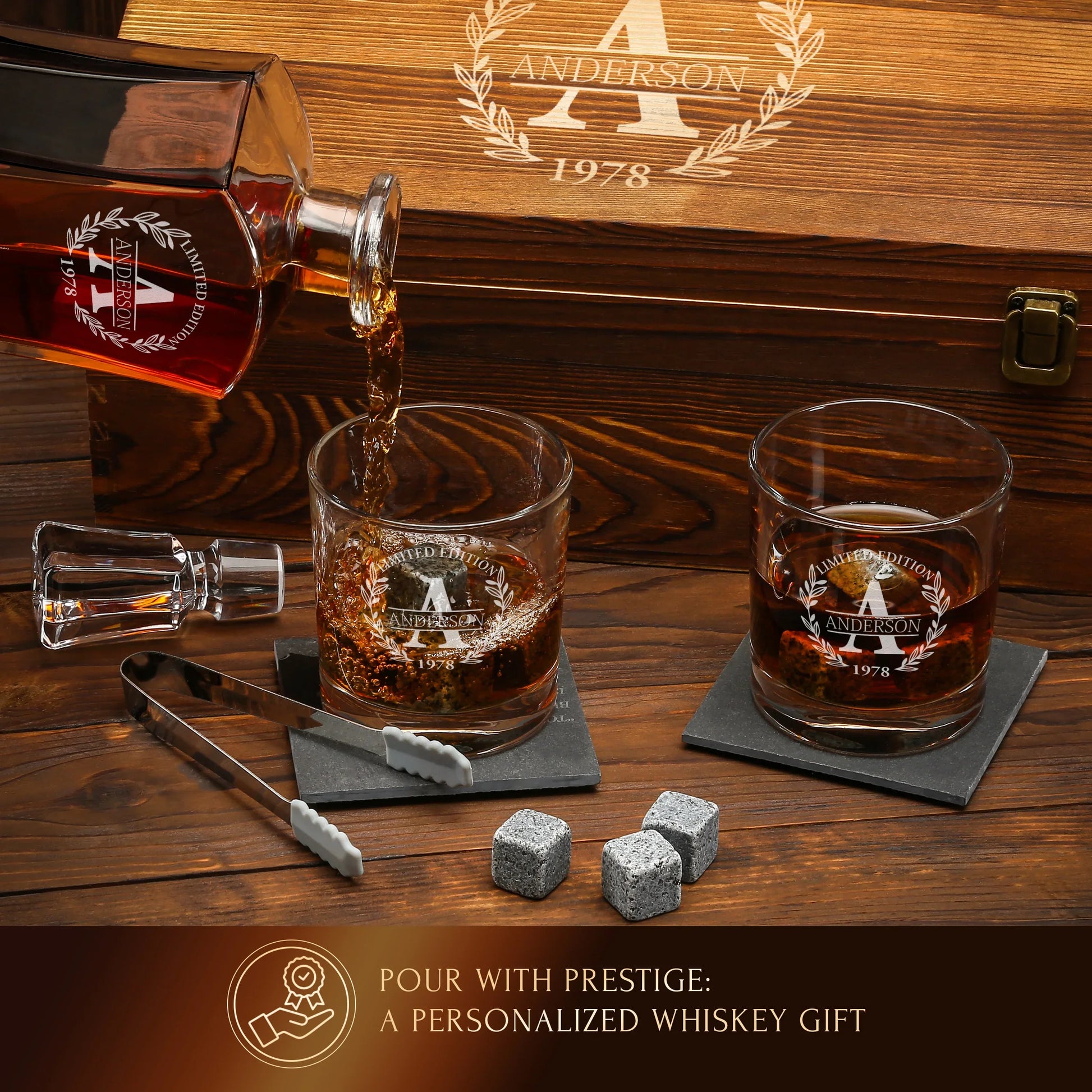 Old Fashioned Frolk Whiskey Gift Set — Decanter, 2 Glasses, Premium Wooden Box