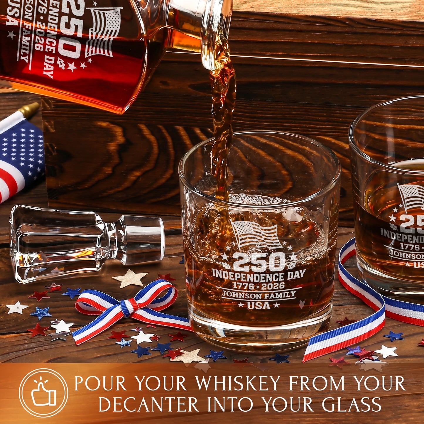 Personalized USA 250th Anniversary Old Fashioned Whiskey Glasses — Set of 1, 2, 4 or 6 product image