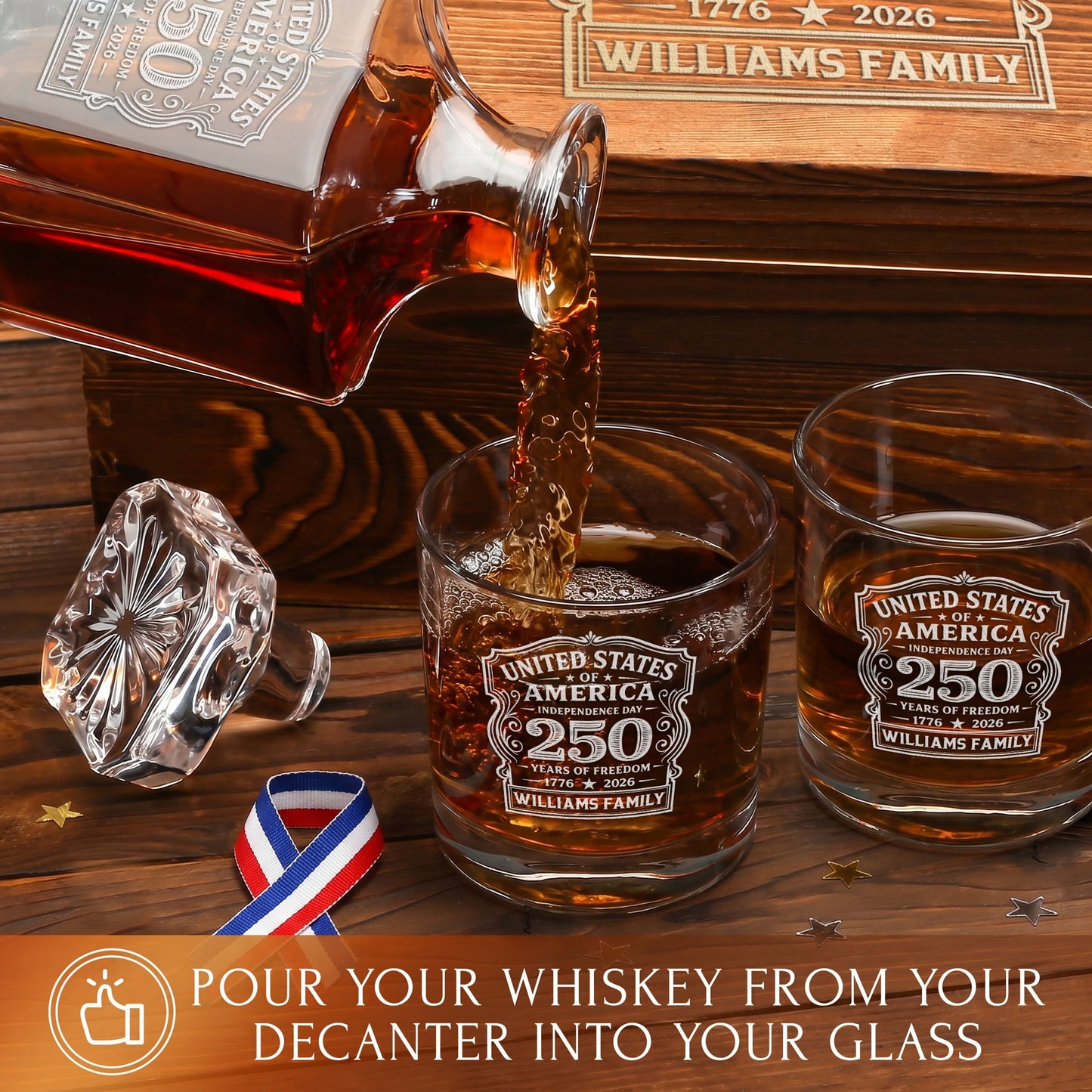 Personalized USA 250th Anniversary Classic Frolk Whiskey Gift Set — Decanter, 4 Glasses, Premium Wooden Box product image