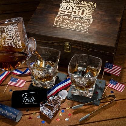 Personalized USA 250th Anniversary Stone Cut Frolk Whiskey Gift Set — Decanter, 2 Glasses, Premium Wooden Box