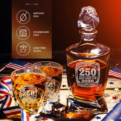 Personalized USA 250th Anniversary Twisted Frolk Whiskey Gift Set — Decanter, 4 Glasses, Premium Wooden Box