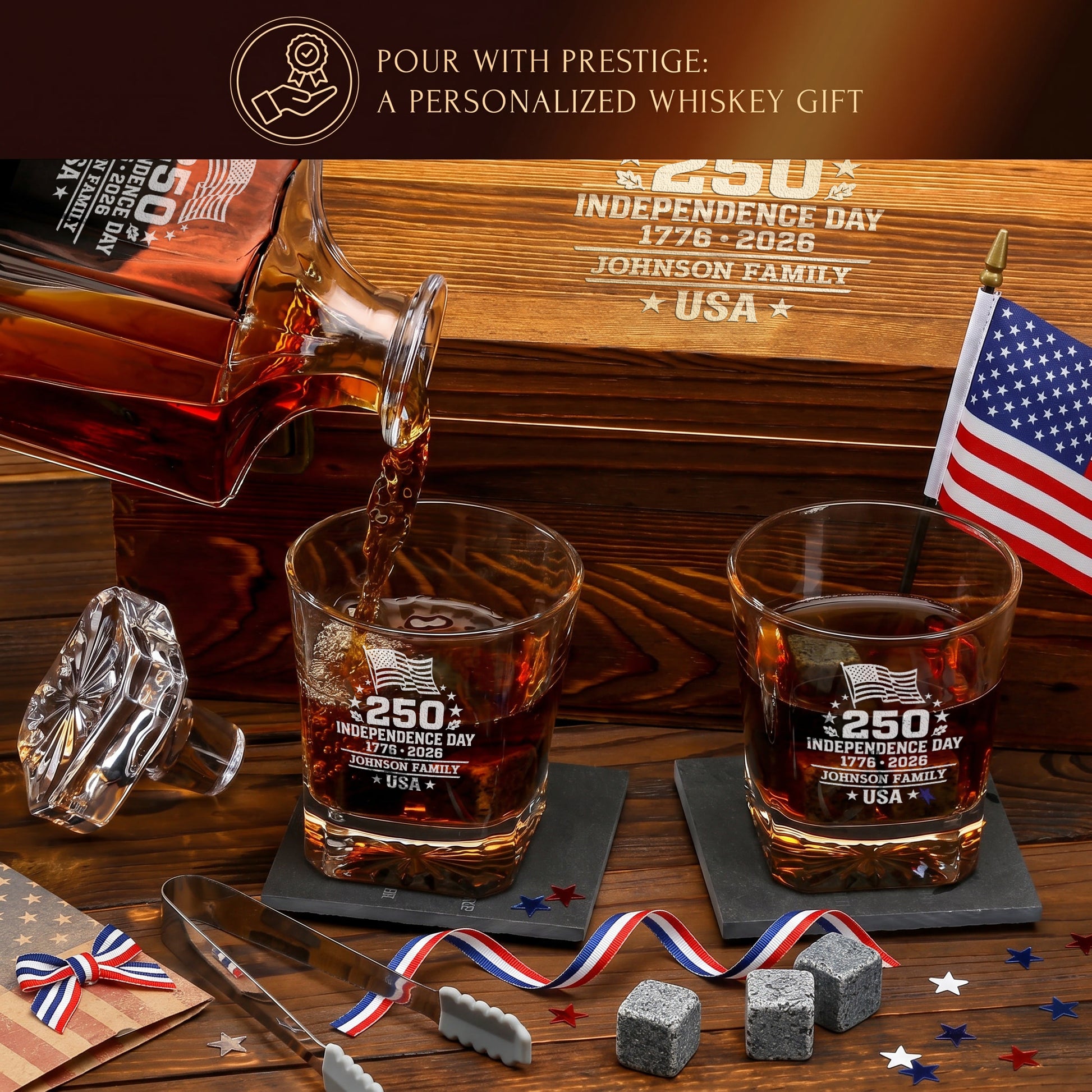 Personalized USA 250th Anniversary Classic Frolk Whiskey Gift Set — Decanter, 2 Glasses, Premium Wooden Box