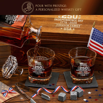 Personalized USA 250th Anniversary Classic Frolk Whiskey Gift Set — Decanter, 2 Glasses, Premium Wooden Box