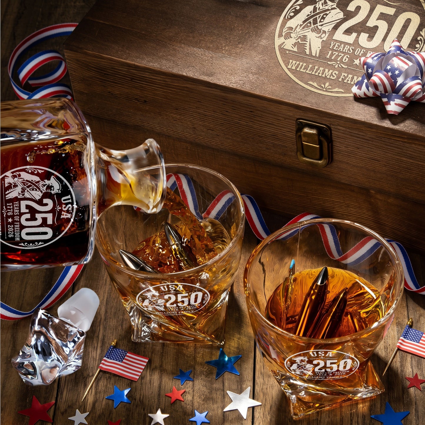 Personalized USA 250th Anniversary Twisted Frolk Whiskey Gift Set — Decanter, 2 Glasses, Premium Wooden Box product image
