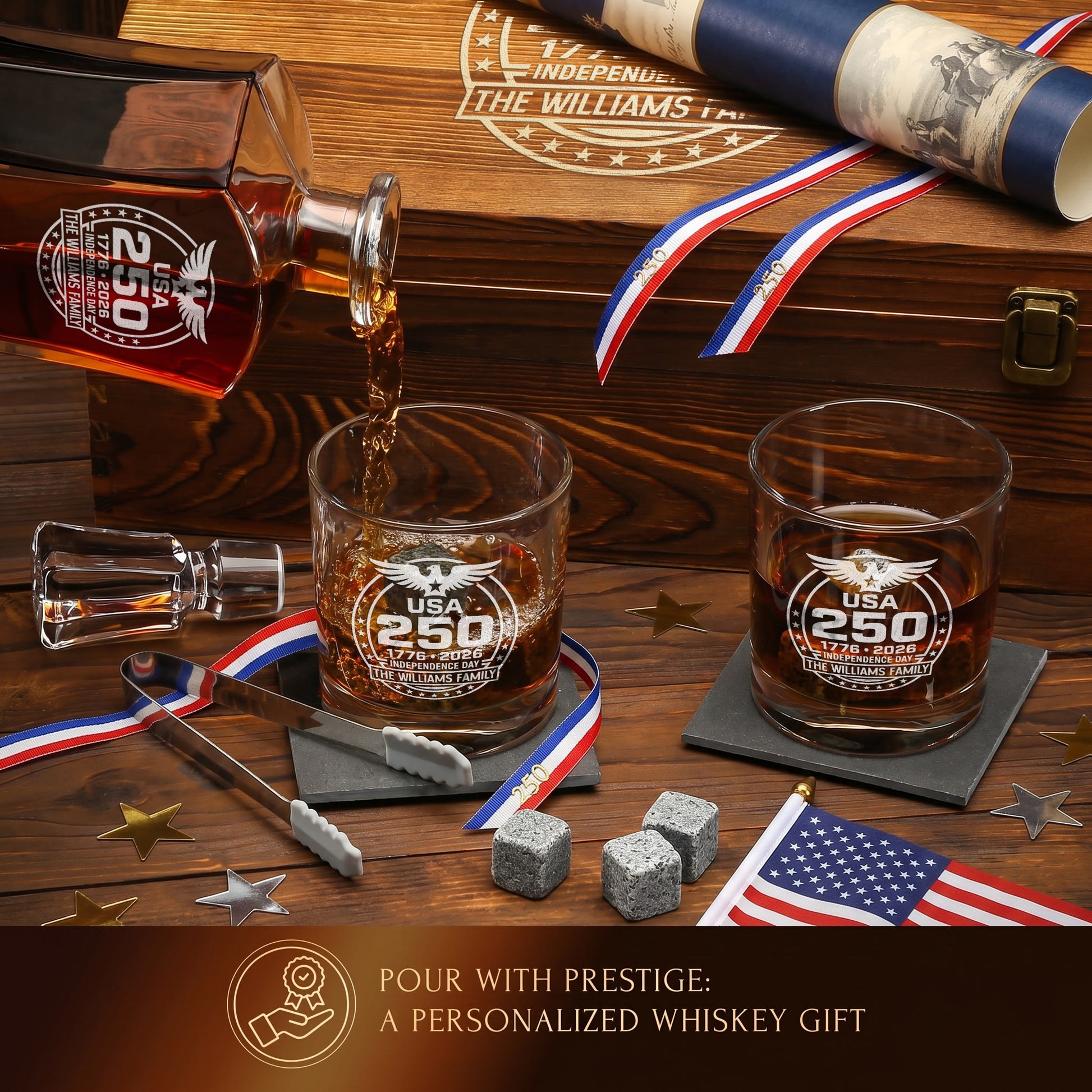Personalized USA 250th Anniversary Old Fashioned Frolk Whiskey Gift Set — Decanter, 2 Glasses, Premium Wooden Box