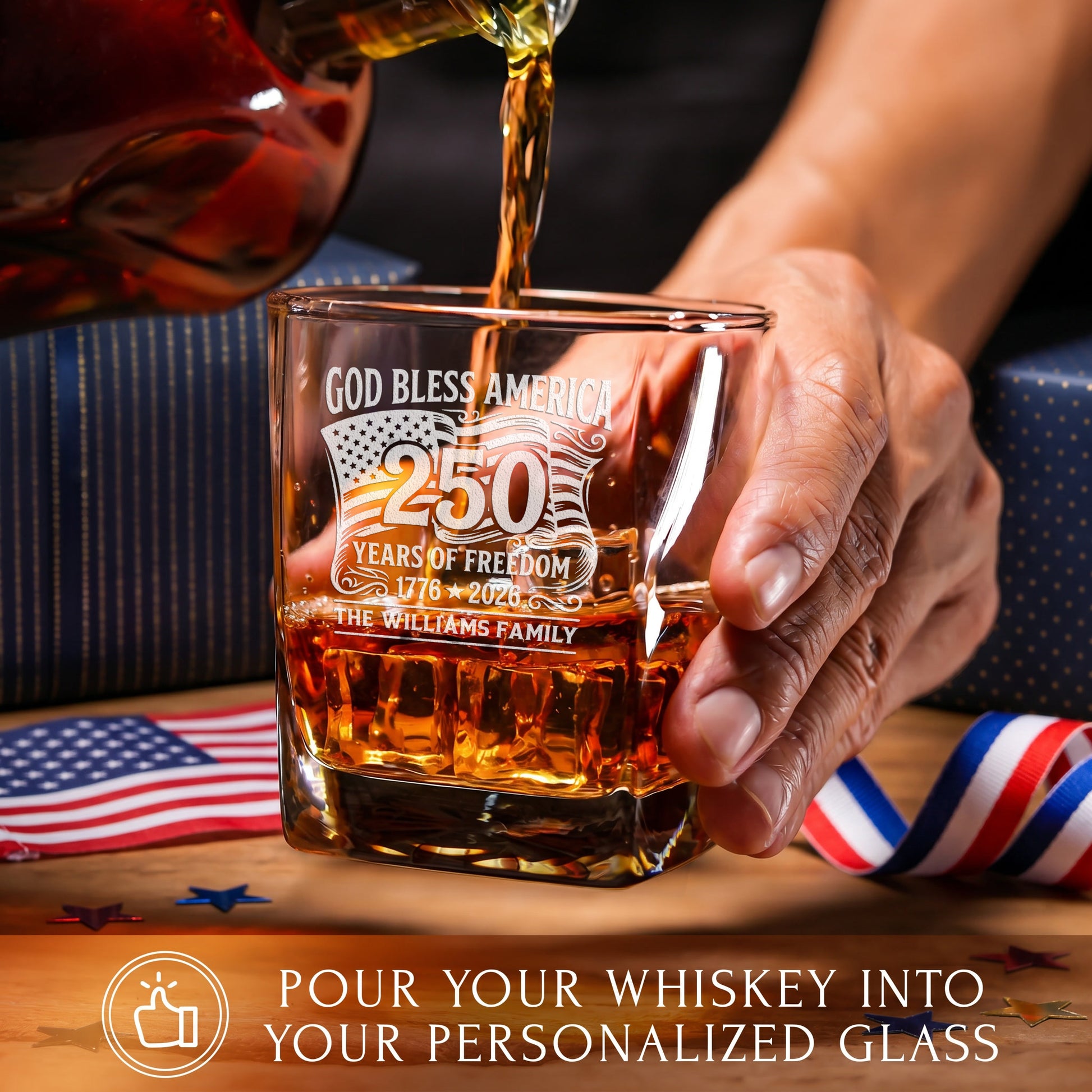 Personalized USA 250th Anniversary Classic Whiskey Glasses — Set of 1, 2, 4 or 6