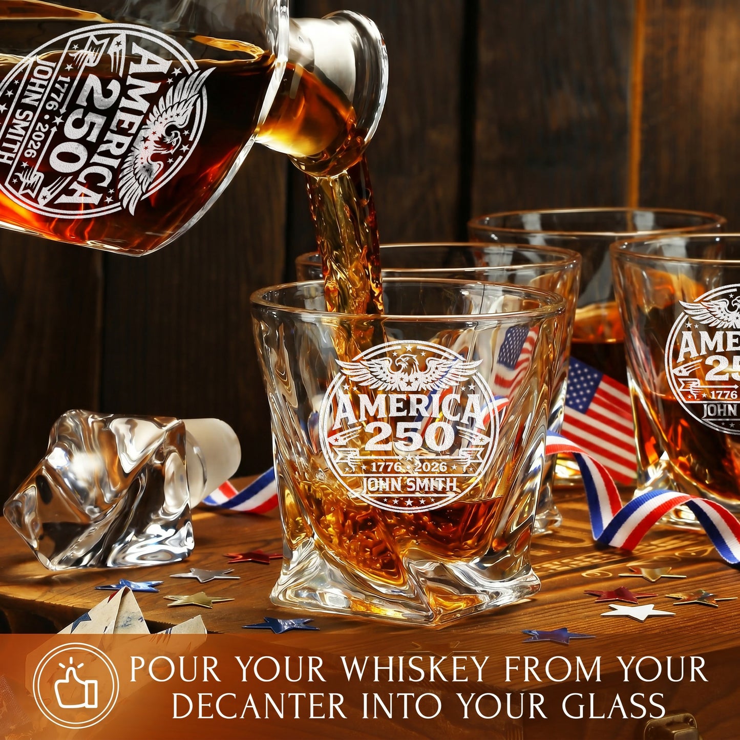 Personalized USA 250th Anniversary Twisted Whiskey Glasses — Set of 1, 2, 4 or 6 product image