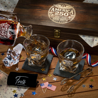 Personalized USA 250th Anniversary Twisted Frolk Whiskey Gift Set — Decanter, 2 Glasses, Premium Wooden Box