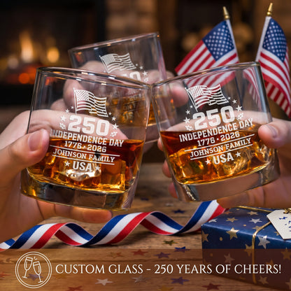 Personalized USA 250th Anniversary Old Fashioned Whiskey Glasses — Set of 1, 2, 4 or 6