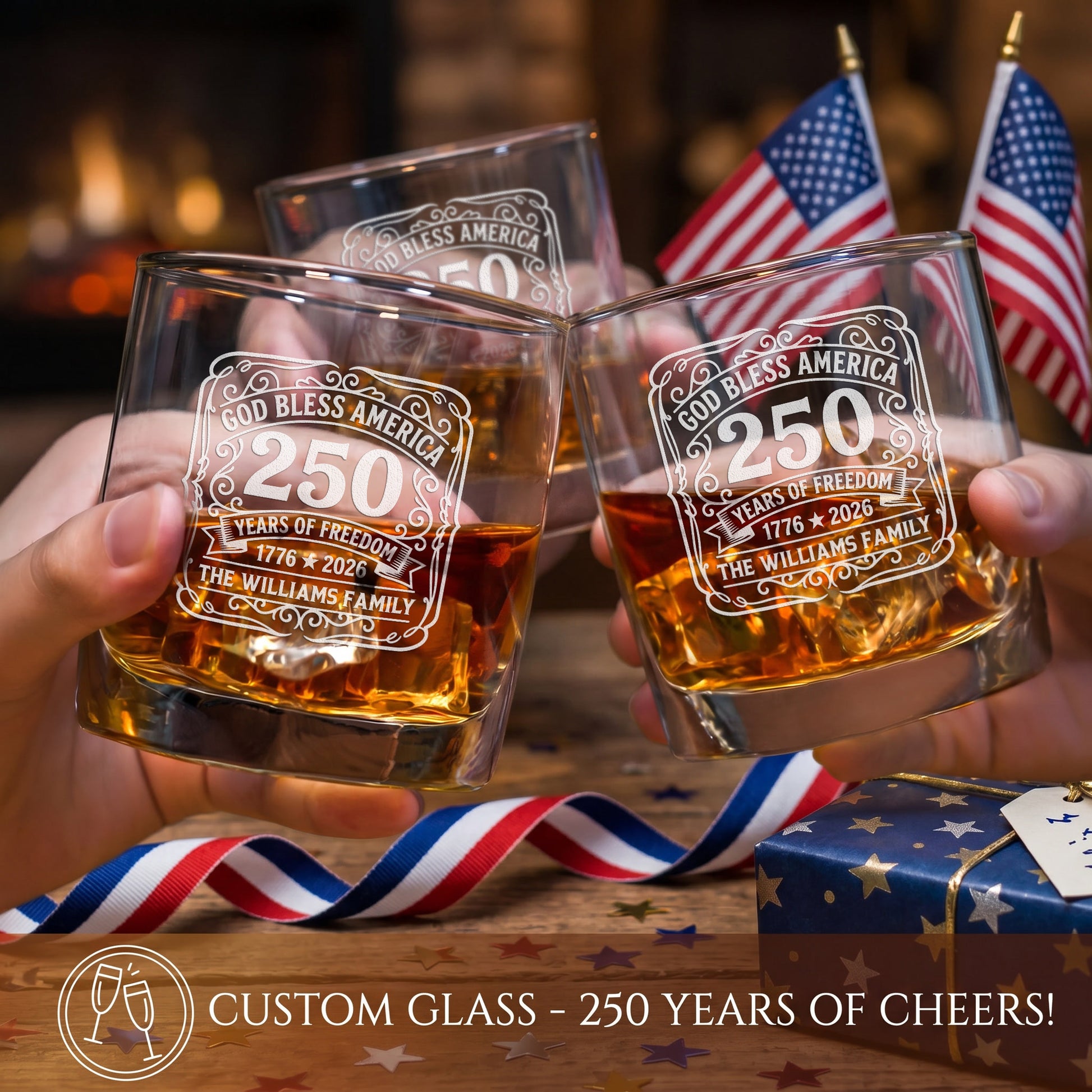 Personalized USA 250th Anniversary Old Fashioned Whiskey Decanter with Optional Matching Glasses