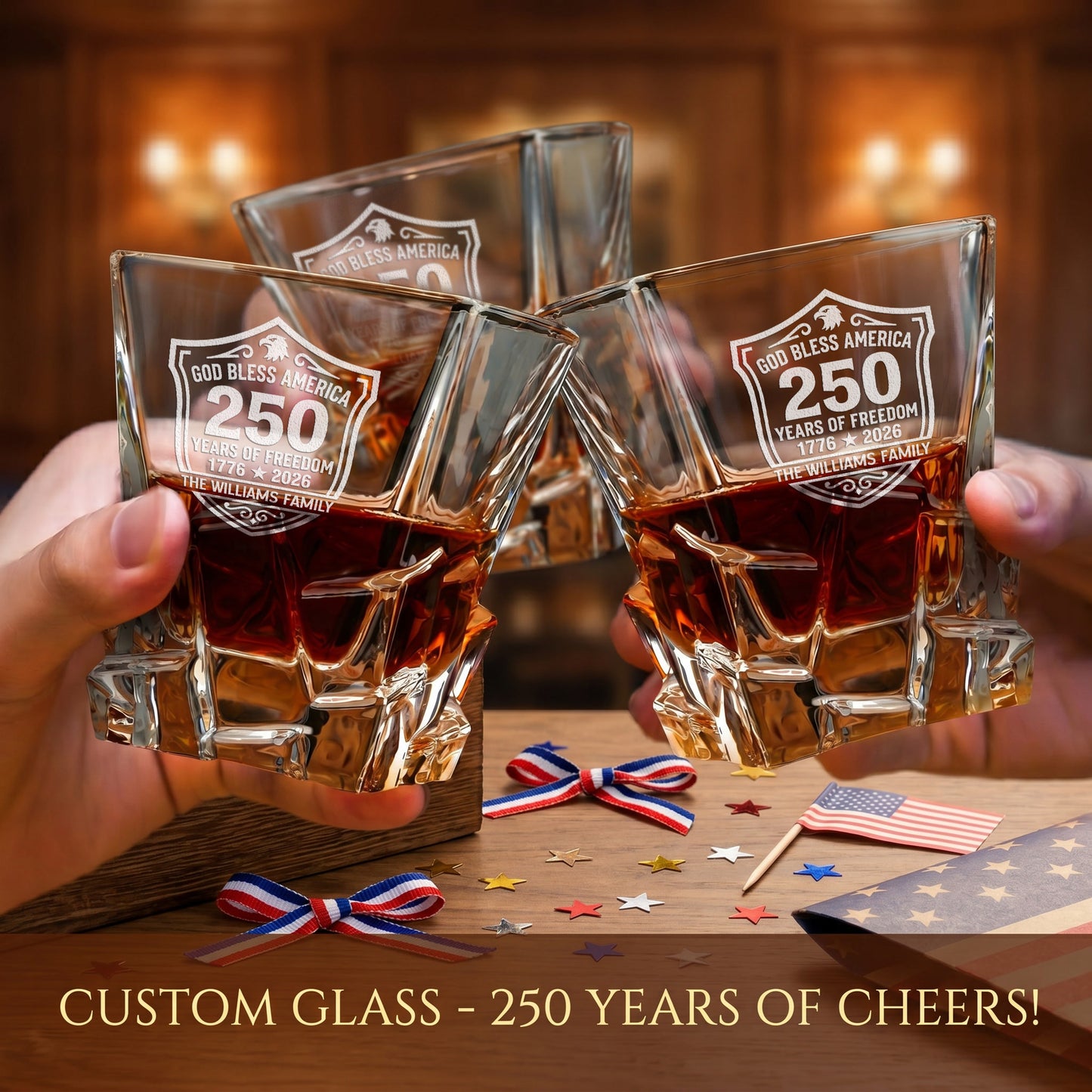 Personalized USA 250th Anniversary Stone Cut Whiskey Glasses — Set of 1, 2, 4 or 6 product image