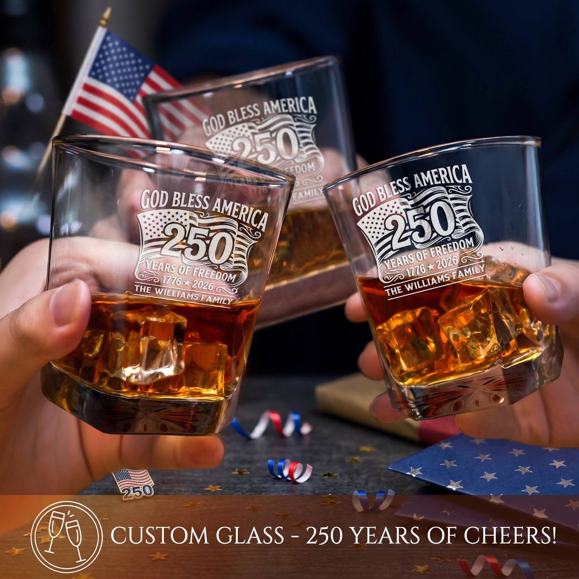 Personalized USA 250th Anniversary Classic Whiskey Decanter with Optional Matching Glasses
