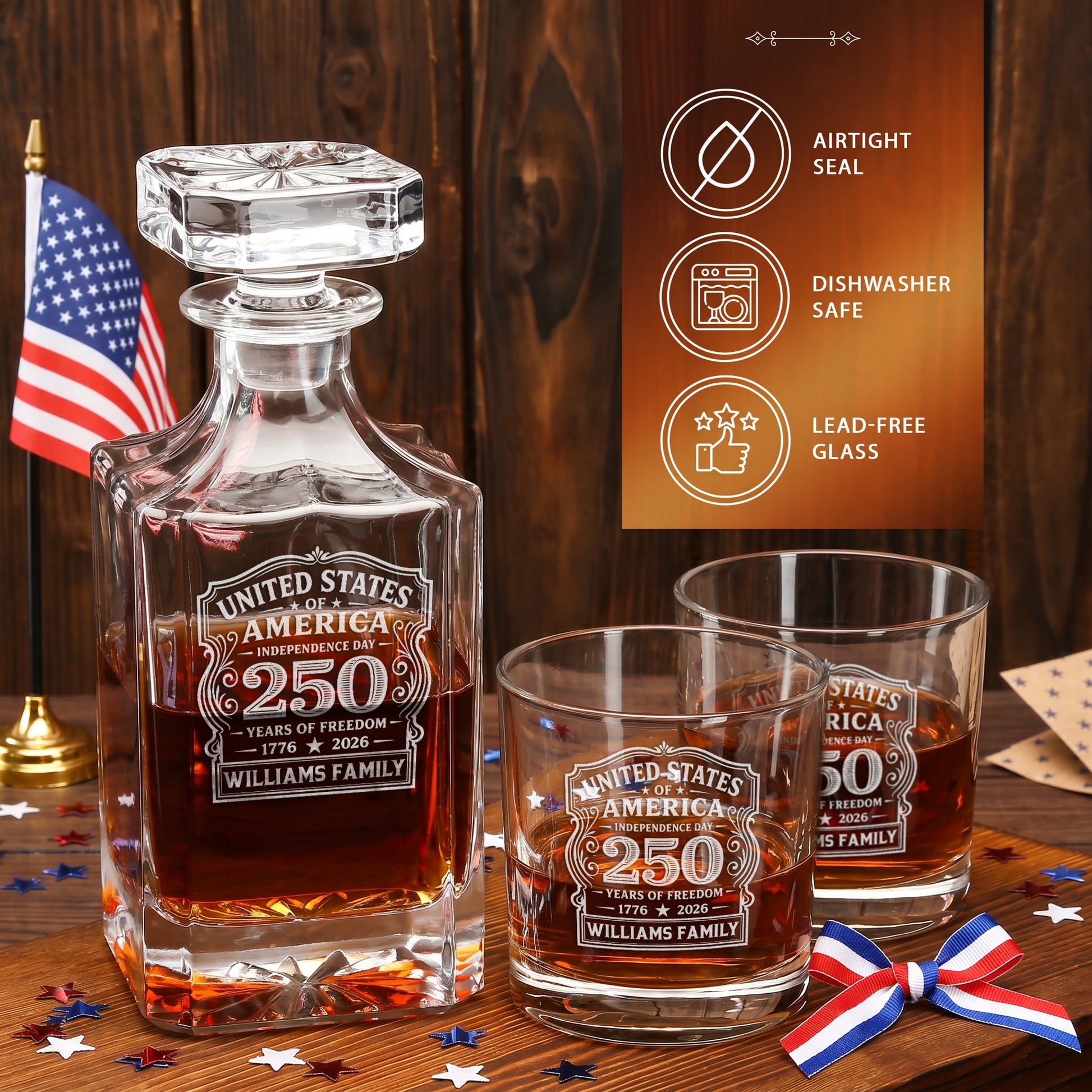 Personalized USA 250th Anniversary Classic Frolk Whiskey Gift Set — Decanter, 4 Glasses, Premium Wooden Box