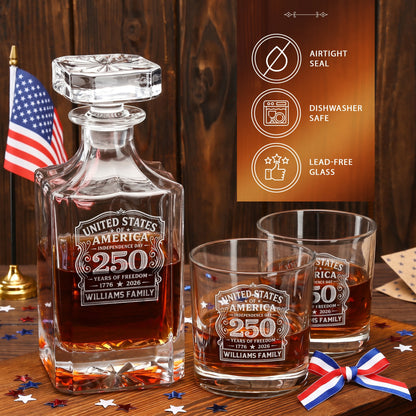Personalized USA 250th Anniversary Classic Frolk Whiskey Gift Set — Decanter, 4 Glasses, Premium Wooden Box