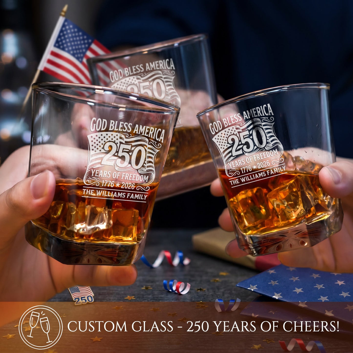 Personalized USA 250th Anniversary Classic Whiskey Glasses — Set of 1, 2, 4 or 6 product image