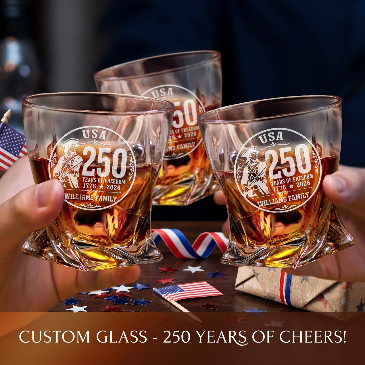 Personalized USA 250th Anniversary Twisted Frolk Whiskey Gift Set — Decanter, 2 Glasses, Premium Wooden Box product image