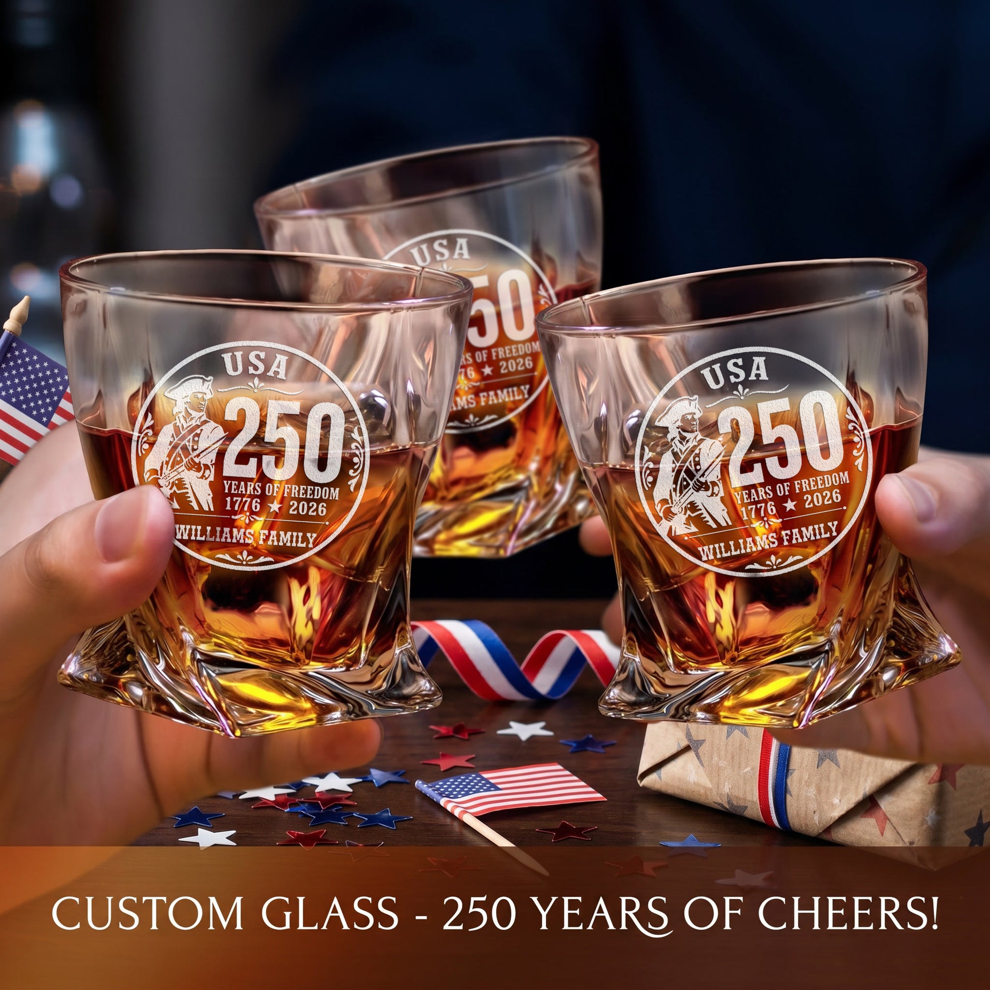 Personalized USA 250th Anniversary Twisted Frolk Whiskey Gift Set — Decanter, 2 Glasses, Premium Wooden Box