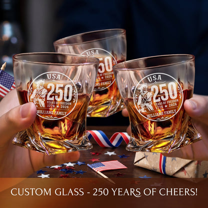 Personalized USA 250th Anniversary Twisted Frolk Whiskey Gift Set — Decanter, 2 Glasses, Premium Wooden Box