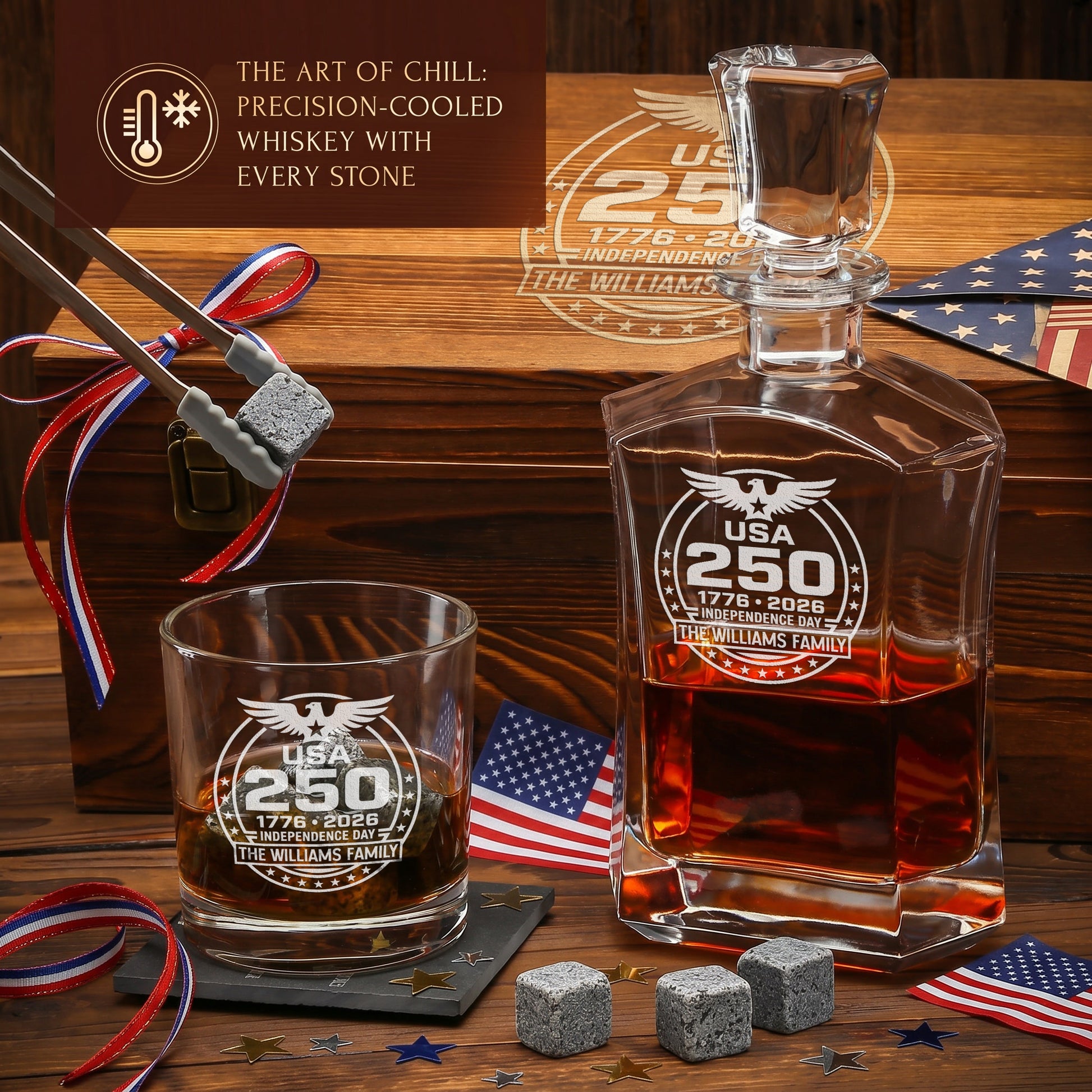 Personalized USA 250th Anniversary Old Fashioned Frolk Whiskey Gift Set — Decanter, 2 Glasses, Premium Wooden Box