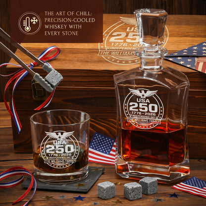 Personalized USA 250th Anniversary Old Fashioned Frolk Whiskey Gift Set — Decanter, 2 Glasses, Premium Wooden Box