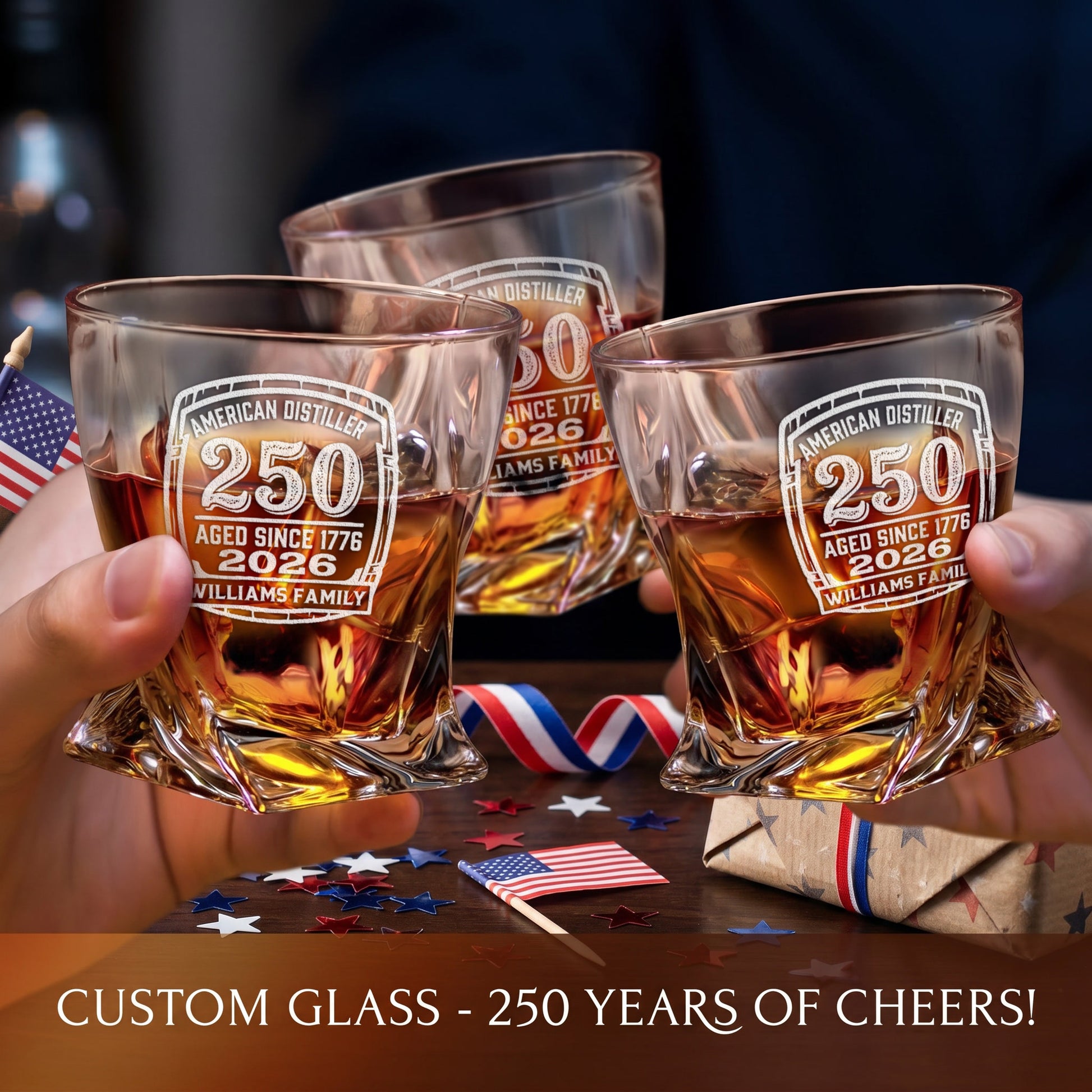 Personalized USA 250th Anniversary Twisted Frolk Whiskey Gift Set — Decanter, 4 Glasses, Premium Wooden Box