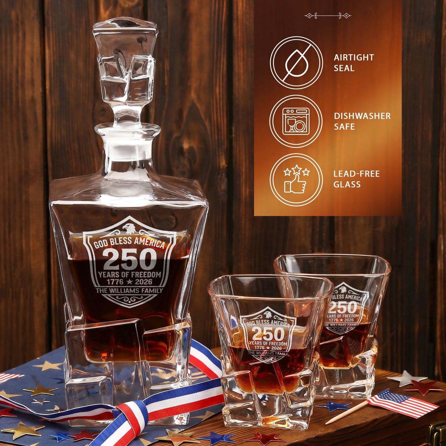 Personalized USA 250th Anniversary Stone Cut Frolk Whiskey Gift Set — Decanter, 4 Glasses, Premium Wooden Box product image