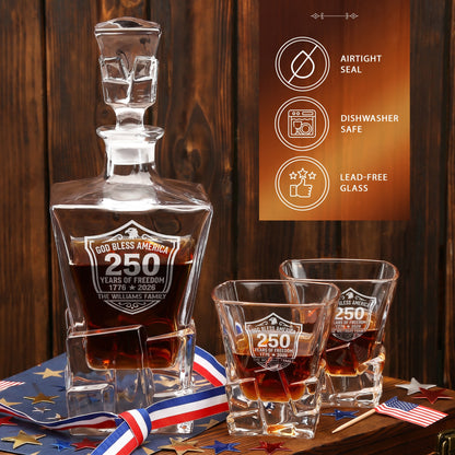 Personalized USA 250th Anniversary Stone Cut Frolk Whiskey Gift Set — Decanter, 4 Glasses, Premium Wooden Box