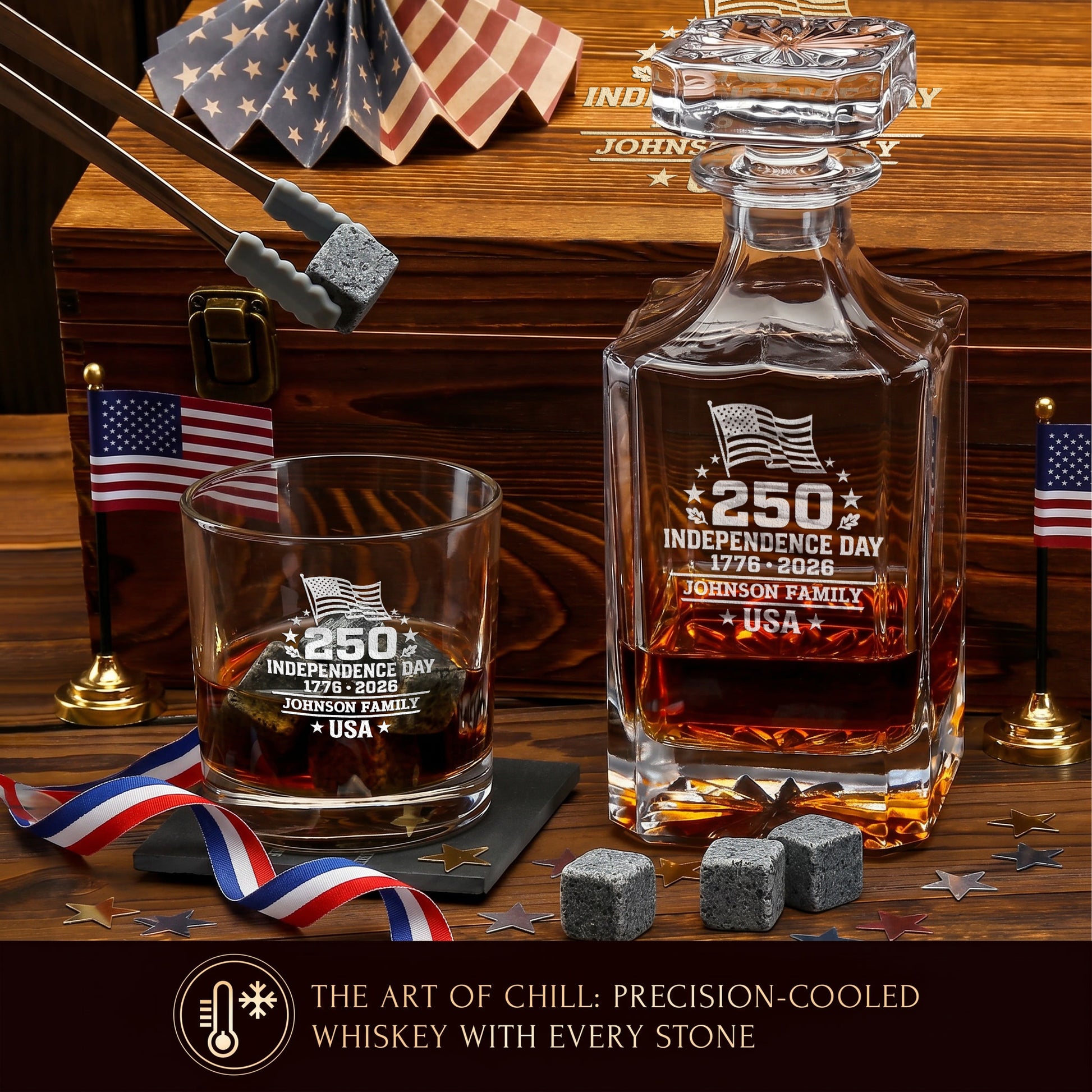 Personalized USA 250th Anniversary Classic Frolk Whiskey Gift Set — Decanter, 2 Glasses, Premium Wooden Box