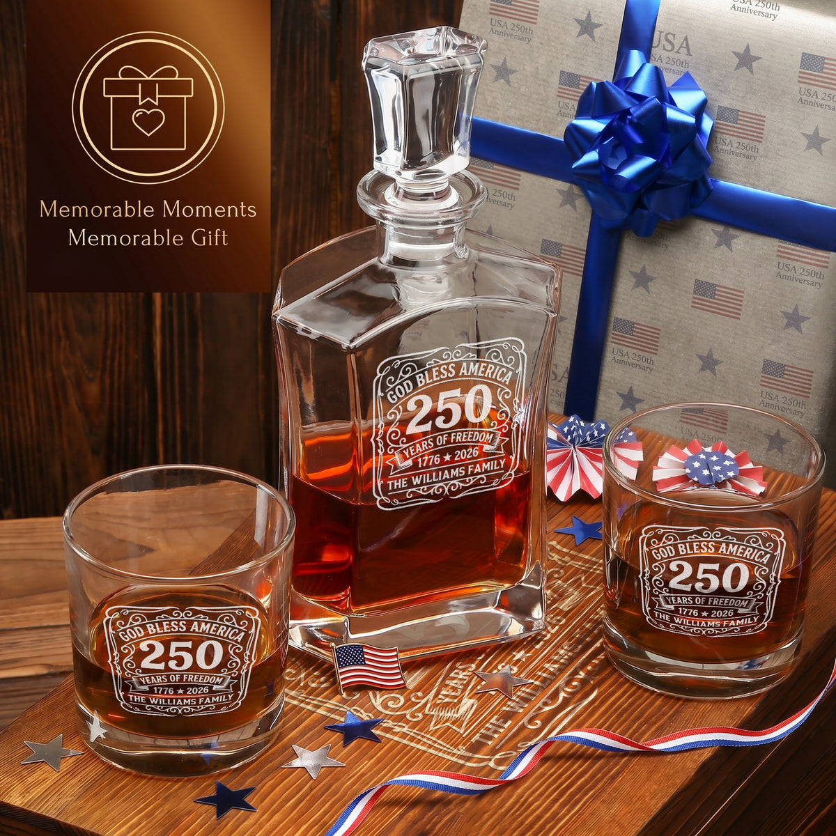 Personalized USA 250th Anniversary Old Fashioned Whiskey Decanter with Optional Matching Glasses product image