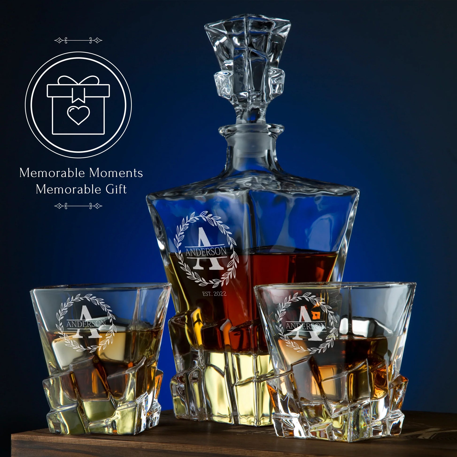 Stone Cut Frolk Whiskey Gift Set — Decanter, 2 Glasses, Premium Wooden Box