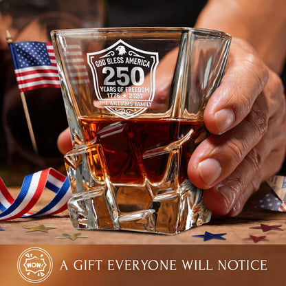 Personalized USA 250th Anniversary Stone Cut Whiskey Glasses — Set of 1, 2, 4 or 6