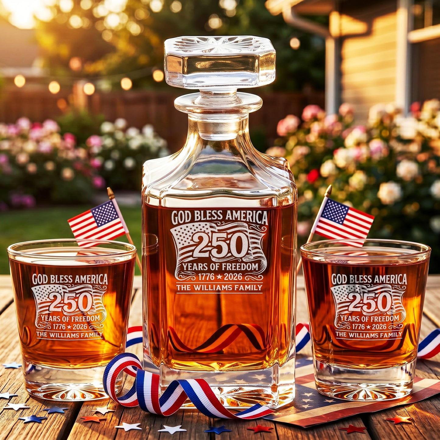 Personalized USA 250th Anniversary Classic Whiskey Decanter with Optional Matching Glasses product image