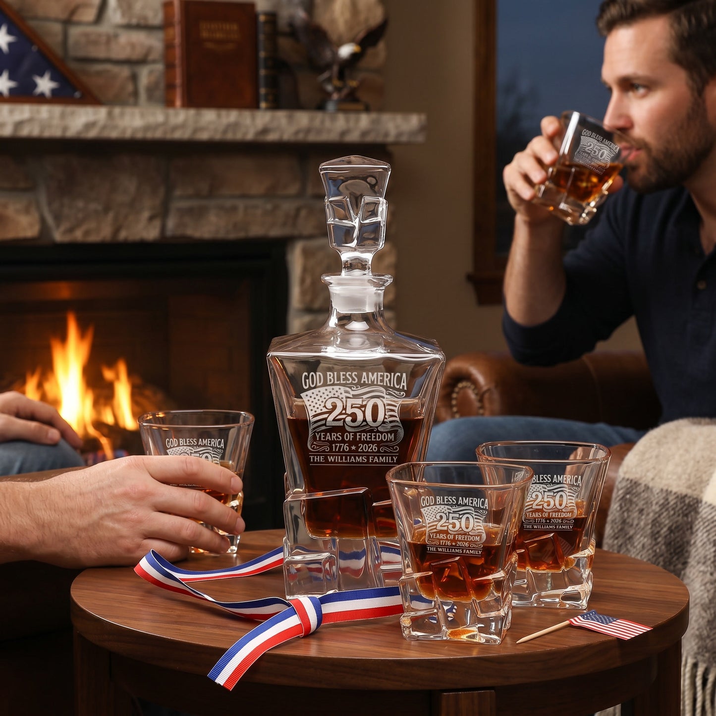 Personalized USA 250th Anniversary Stone Cut Whiskey Decanter with Optional Matching Glasses product image