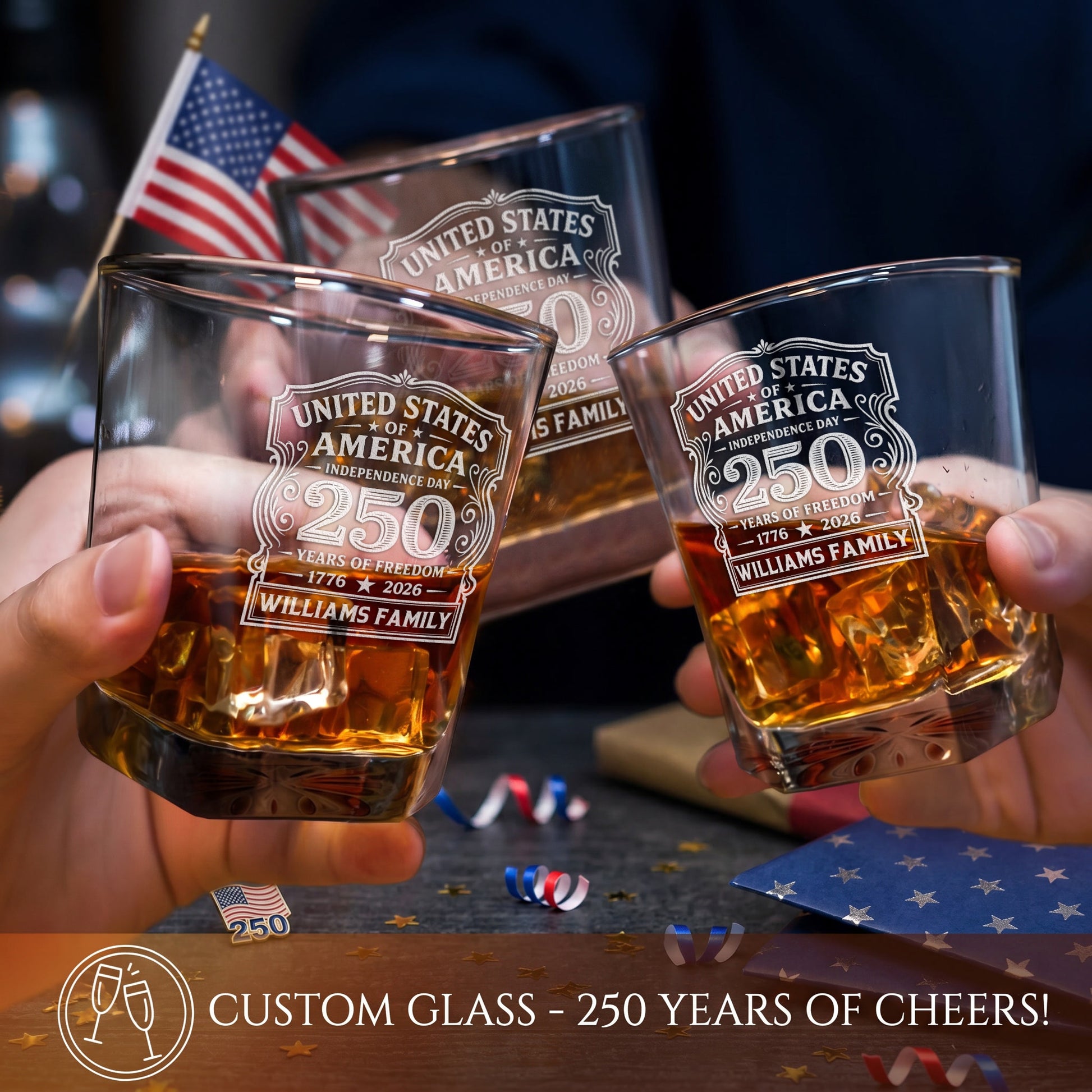 Personalized USA 250th Anniversary Classic Frolk Whiskey Gift Set — Decanter, 4 Glasses, Premium Wooden Box