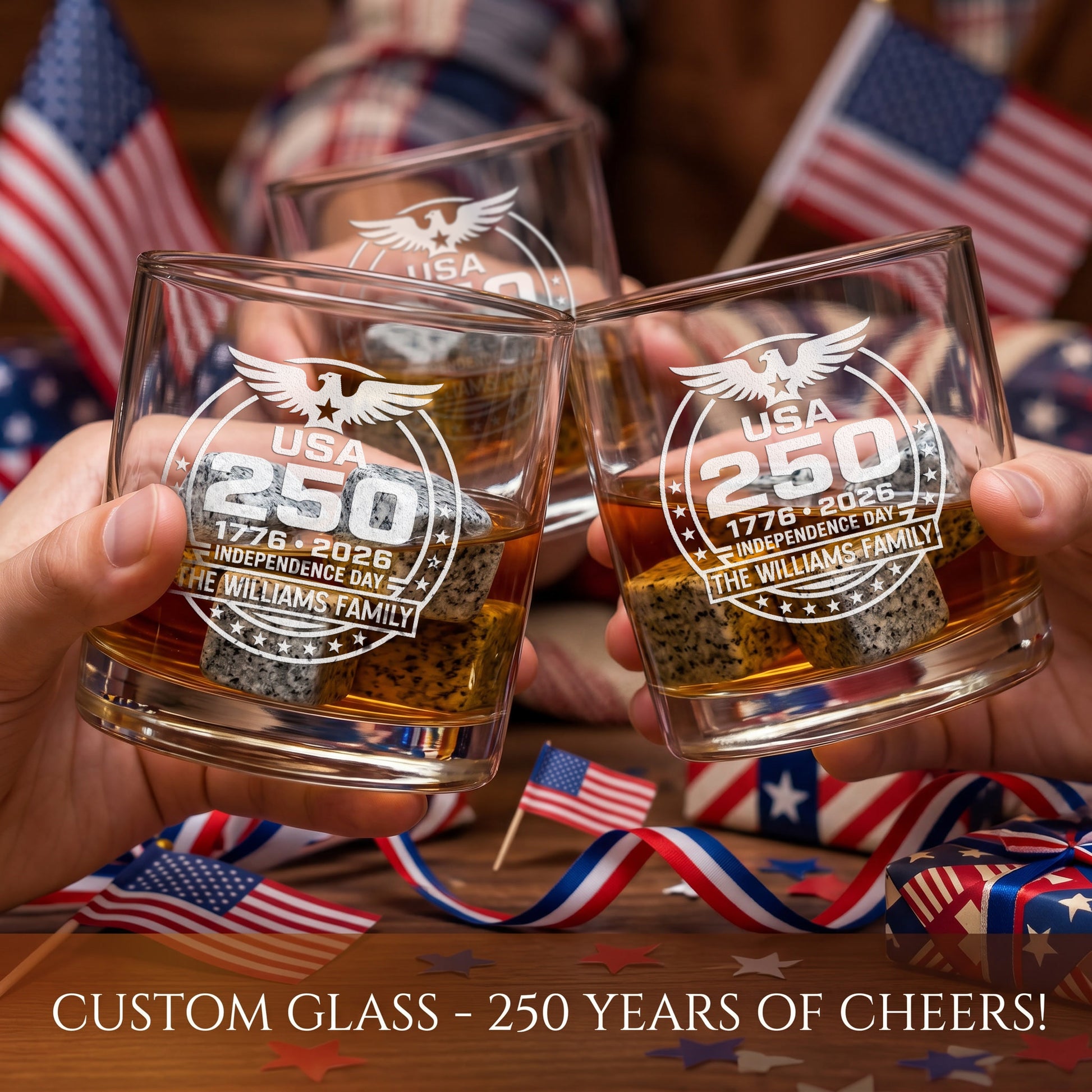 Personalized USA 250th Anniversary Old Fashioned Frolk Whiskey Gift Set — Decanter, 2 Glasses, Premium Wooden Box