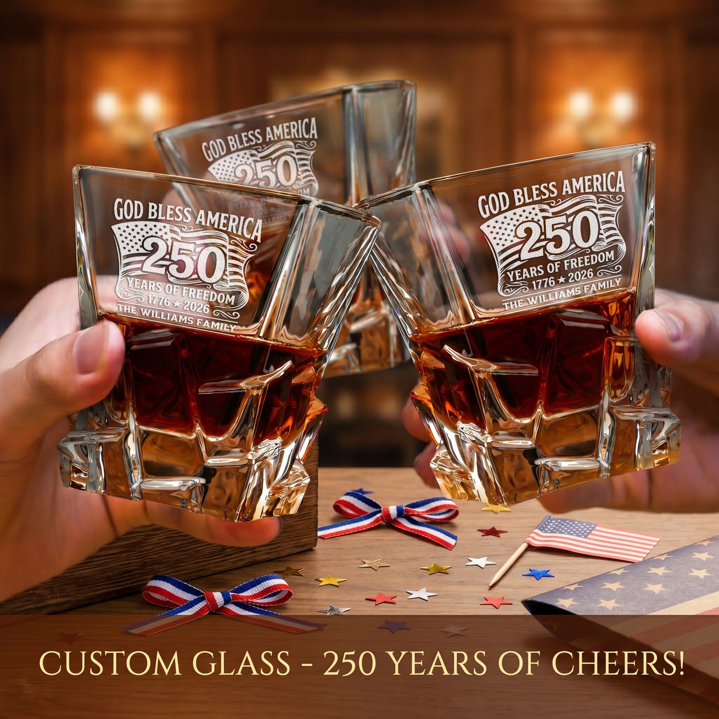 Personalized USA 250th Anniversary Stone Cut Frolk Whiskey Gift Set — Decanter, 2 Glasses, Premium Wooden Box product image