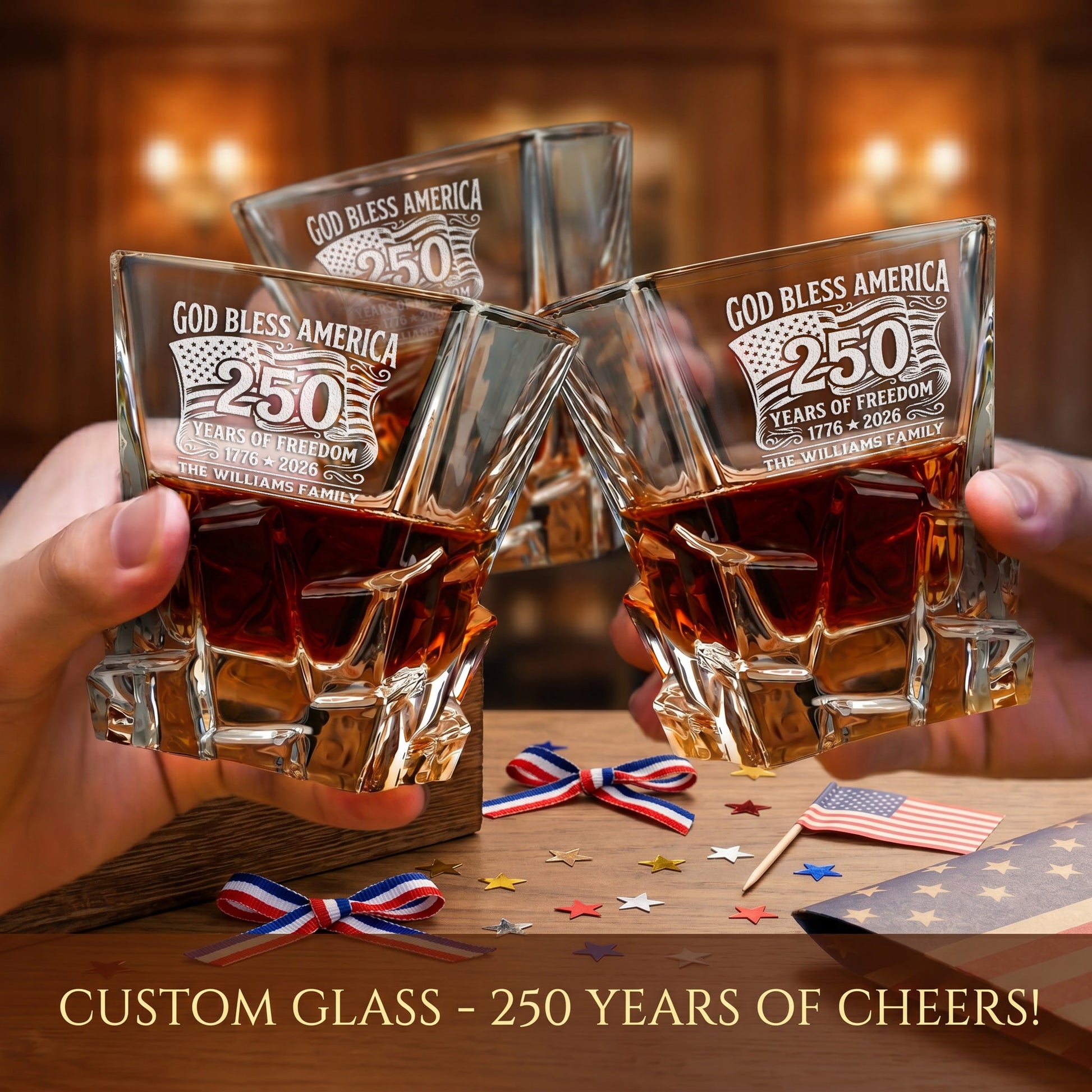 Personalized USA 250th Anniversary Stone Cut Frolk Whiskey Gift Set — Decanter, 2 Glasses, Premium Wooden Box