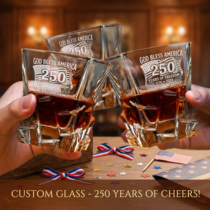 Personalized USA 250th Anniversary Stone Cut Frolk Whiskey Gift Set — Decanter, 2 Glasses, Premium Wooden Box