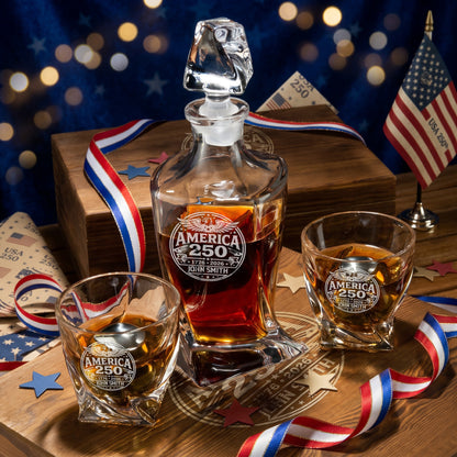 Personalized USA 250th Anniversary Twisted Frolk Whiskey Gift Set — Decanter, 2 Glasses, Premium Wooden Box